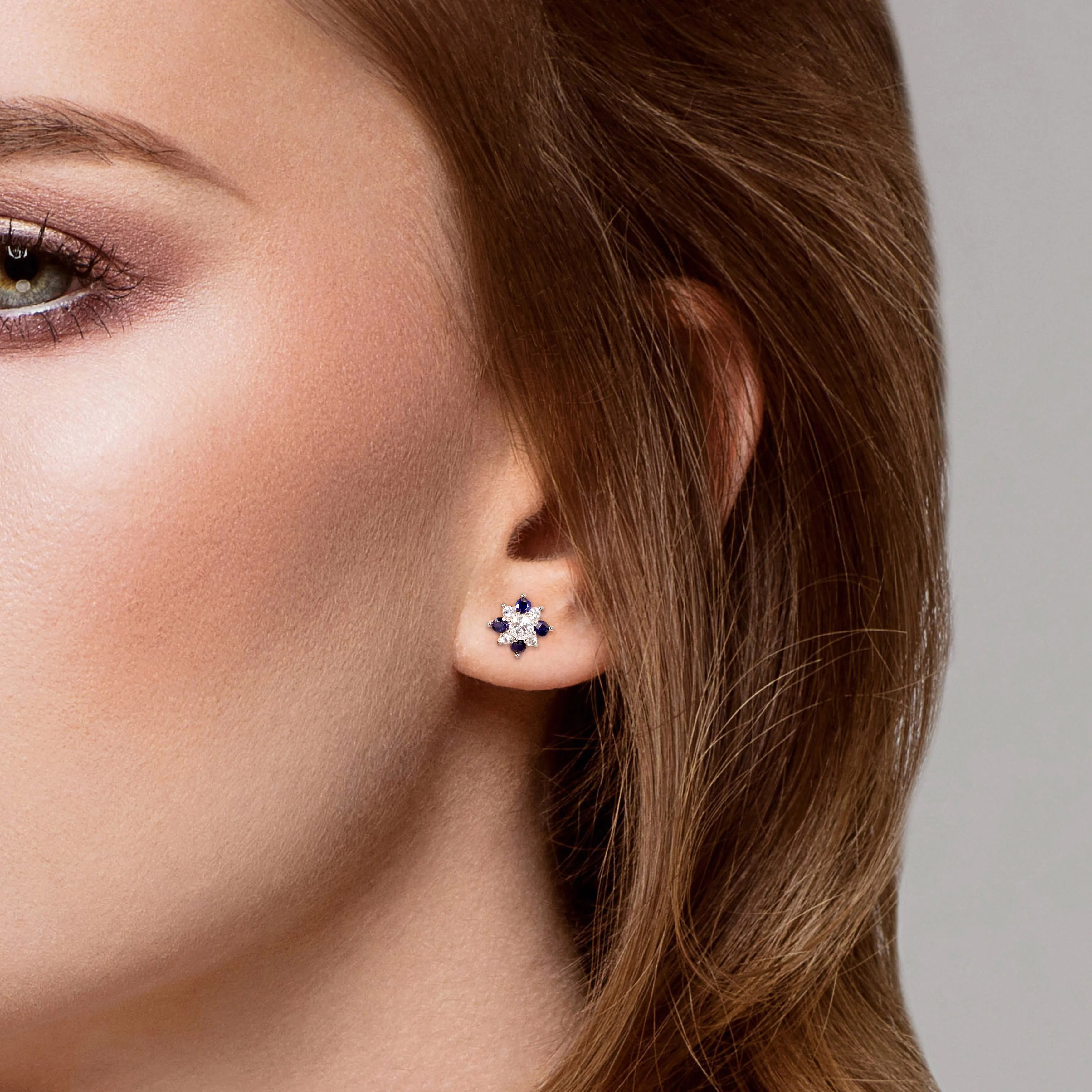 1 3/5 C TGW Blue and White Sapphire Floral Stud Earrings in 14KWhite Gold