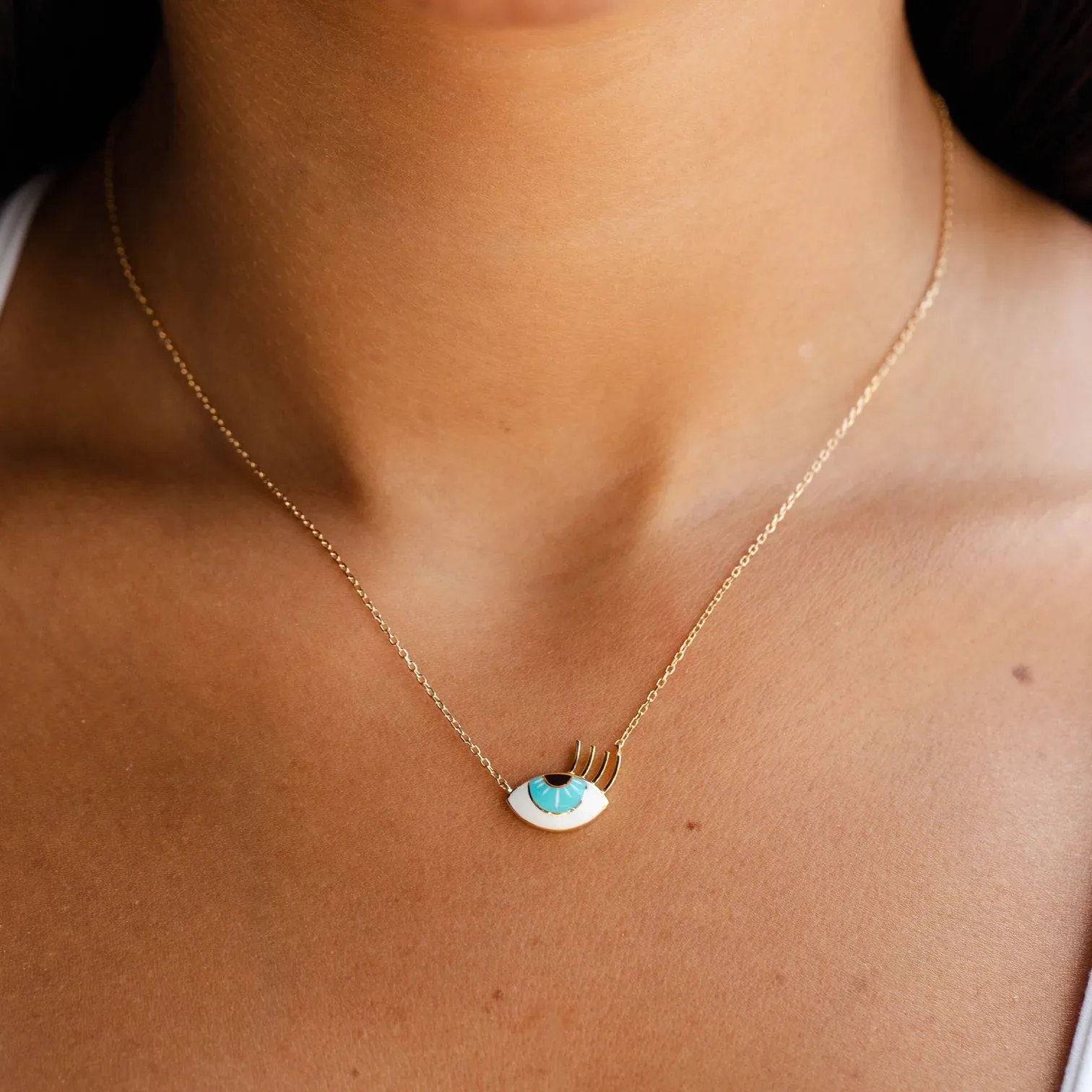 18K Gold Aqua Eye Enamel Small Necklace