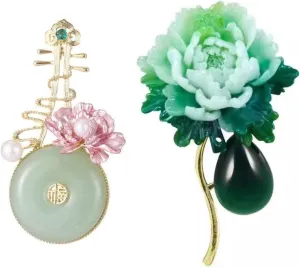 2PCS Jade Green Pipa and Peony Flower Pins, Traditional Chinese Brooch Set,Vintage Style Decorative Accessories
