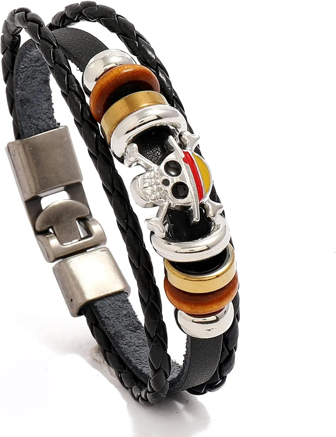 Anime One Piece Leather Bracelets, Pirate Bracelet Punk Skull Bracelets for Boys Black Braided Bracelets for Men Handmade Jewelry Wristband Strand Bracelets Halloween Gifts