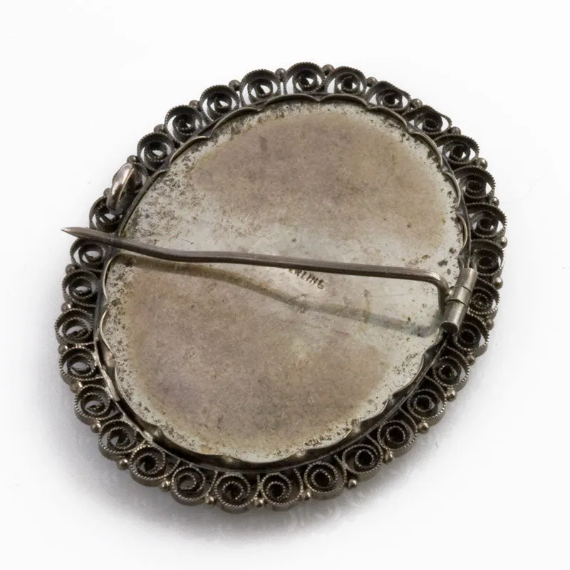 Antique Victorian sterling silver brooch with hand painted portrait. j-pnvc1037sbk