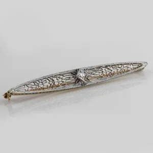 Art Deco 14k white and yellow gold bar pin with diamond. pnfn121