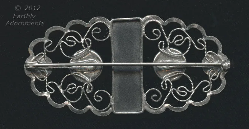 Art Deco filigree plated silver and glass brooch. j-pnad599