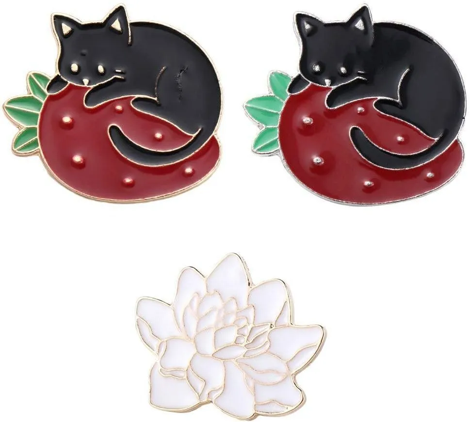 Brooches Pin 3PCS Cute Cartoon Black Cat Enamel Pin White Lotus Flower Enamel Brooches Backpack Badge Pin Women Lapel Pin Clothing Decor Accessories