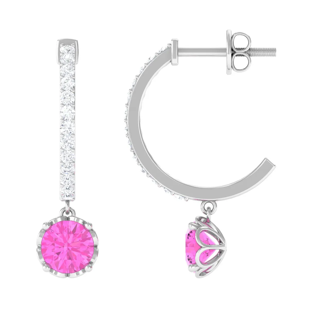 Created Pink Sapphire Hoop Earrings With Diamond