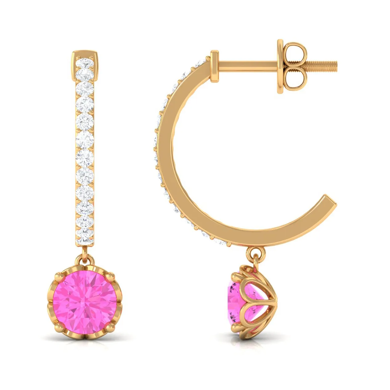 Created Pink Sapphire Hoop Earrings With Diamond
