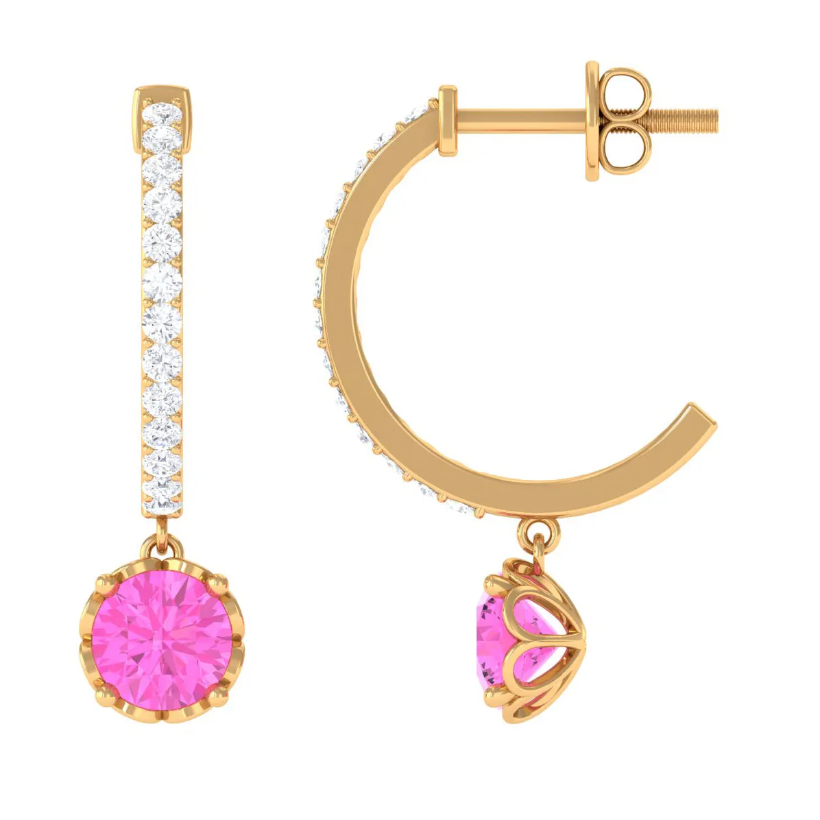 Created Pink Sapphire Hoop Earrings With Diamond