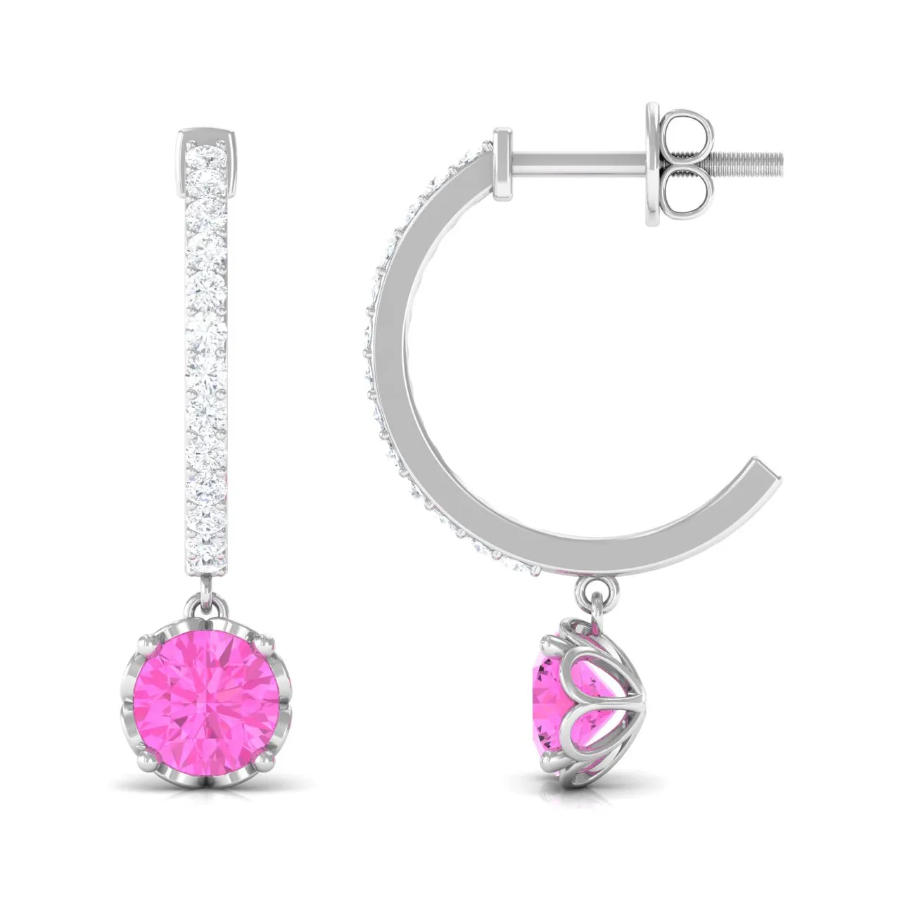 Created Pink Sapphire Hoop Earrings With Diamond