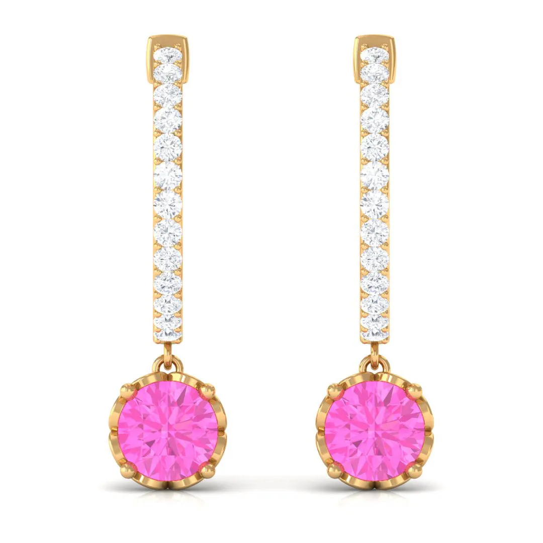 Created Pink Sapphire Hoop Earrings With Diamond