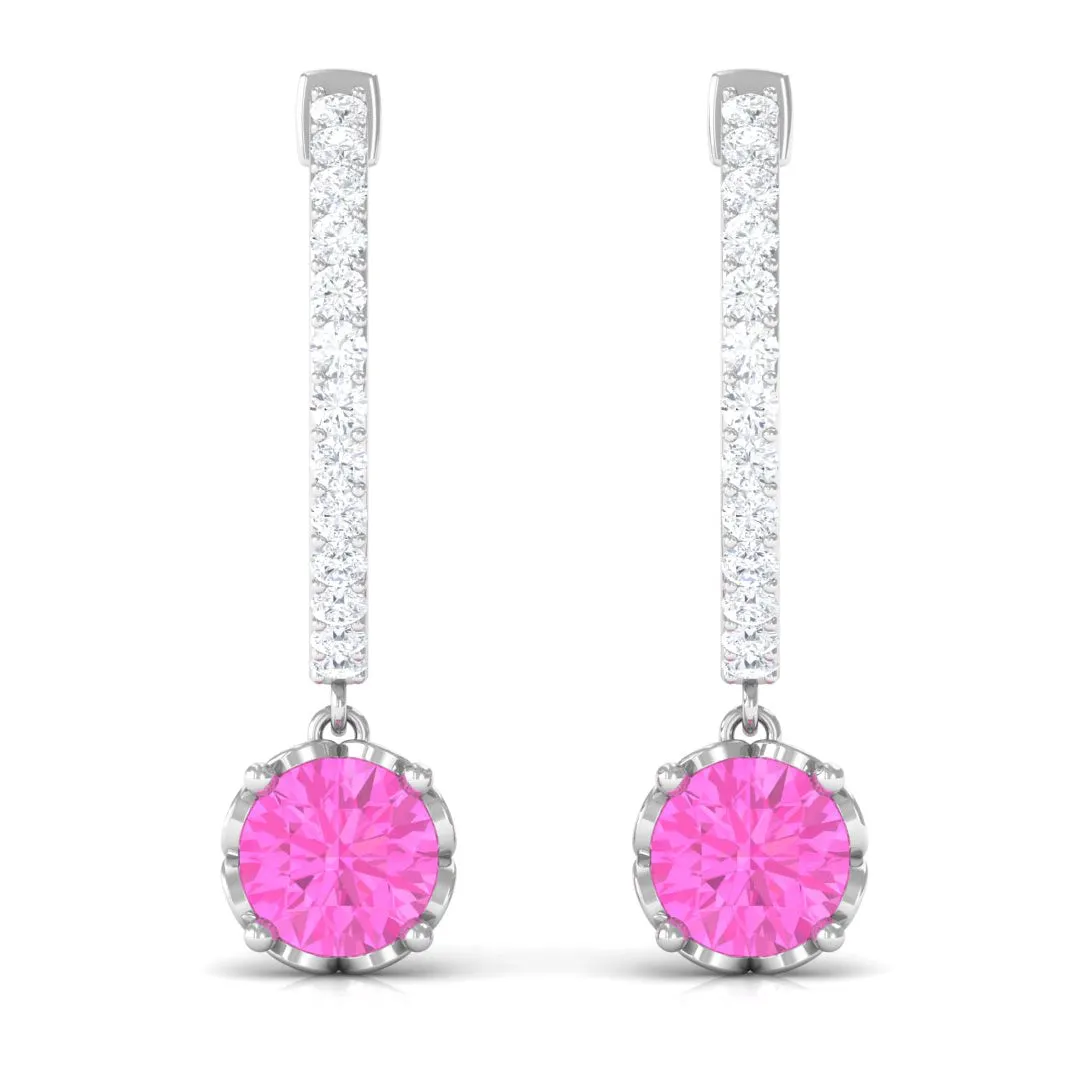Created Pink Sapphire Hoop Earrings With Diamond
