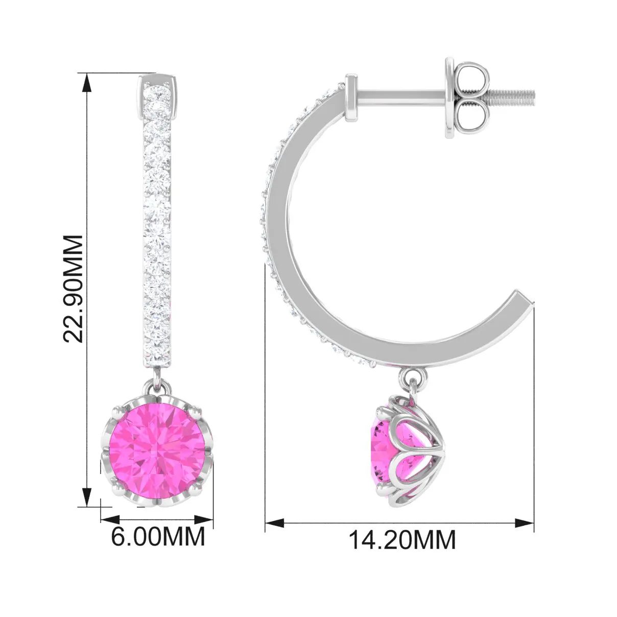 Created Pink Sapphire Hoop Earrings With Diamond