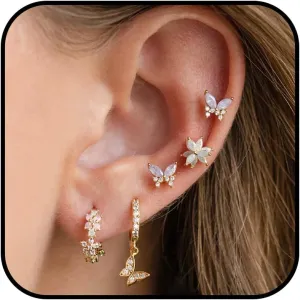 Dainty Gold Earring Set - Tiny Flower & Butterfly Cartilage Studs & Hoops - Hypoallergenic for Her