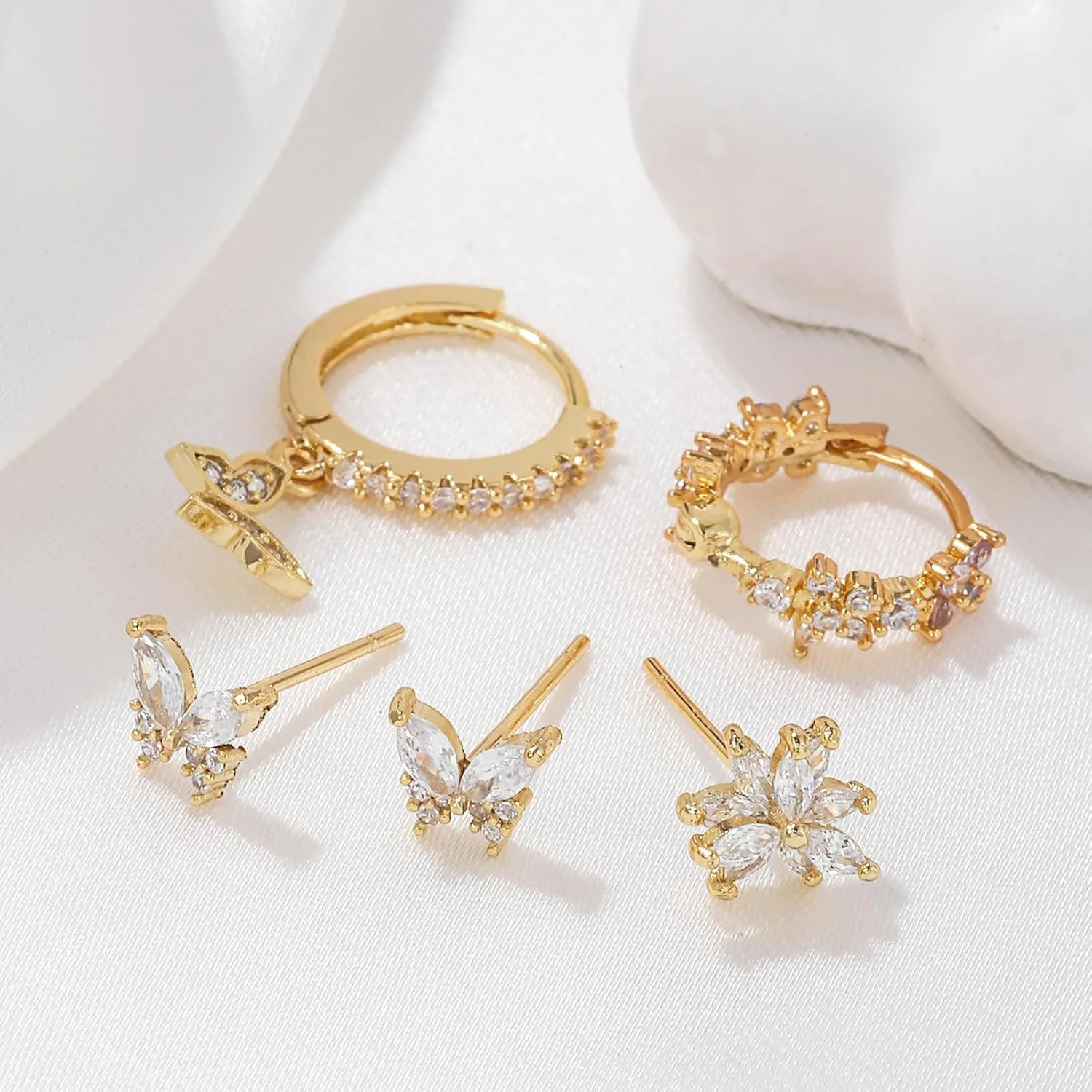 Dainty Gold Earring Set - Tiny Flower & Butterfly Cartilage Studs & Hoops - Hypoallergenic for Her