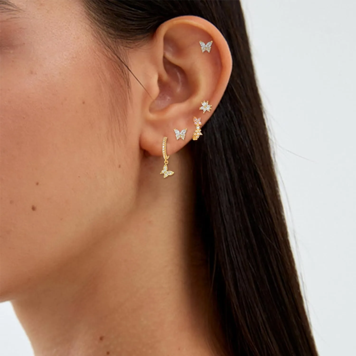 Dainty Gold Earring Set - Tiny Flower & Butterfly Cartilage Studs & Hoops - Hypoallergenic for Her