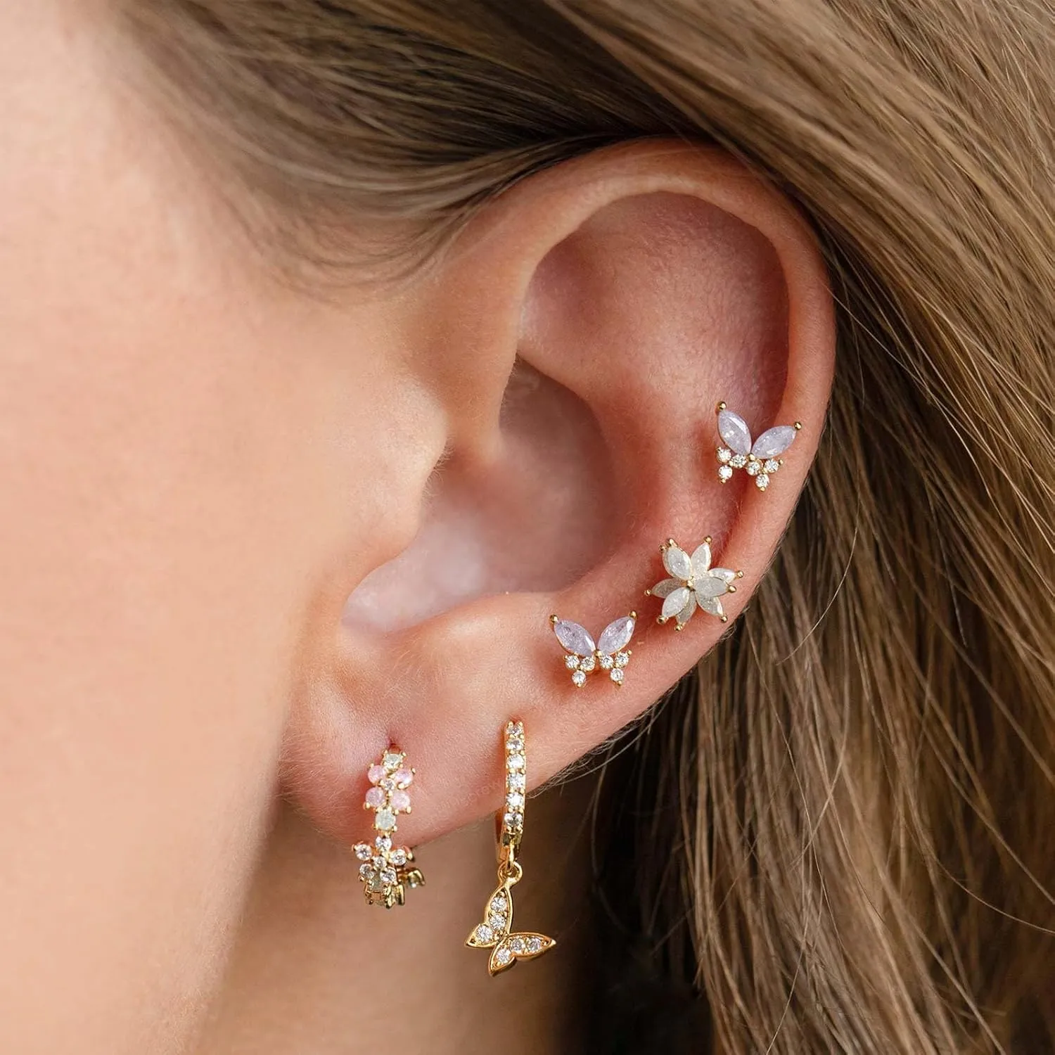 Dainty Gold Earring Set - Tiny Flower & Butterfly Cartilage Studs & Hoops - Hypoallergenic for Her