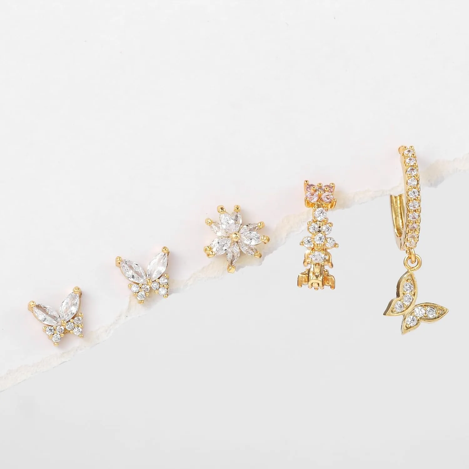 Dainty Gold Earring Set - Tiny Flower & Butterfly Cartilage Studs & Hoops - Hypoallergenic for Her