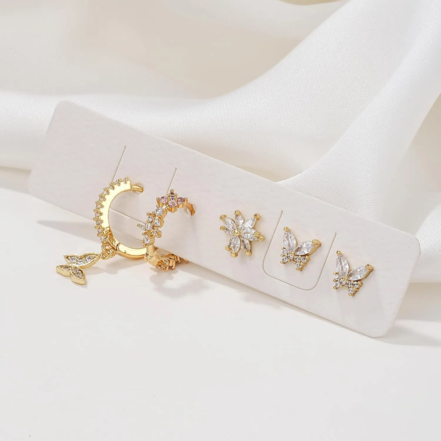 Dainty Gold Earring Set - Tiny Flower & Butterfly Cartilage Studs & Hoops - Hypoallergenic for Her