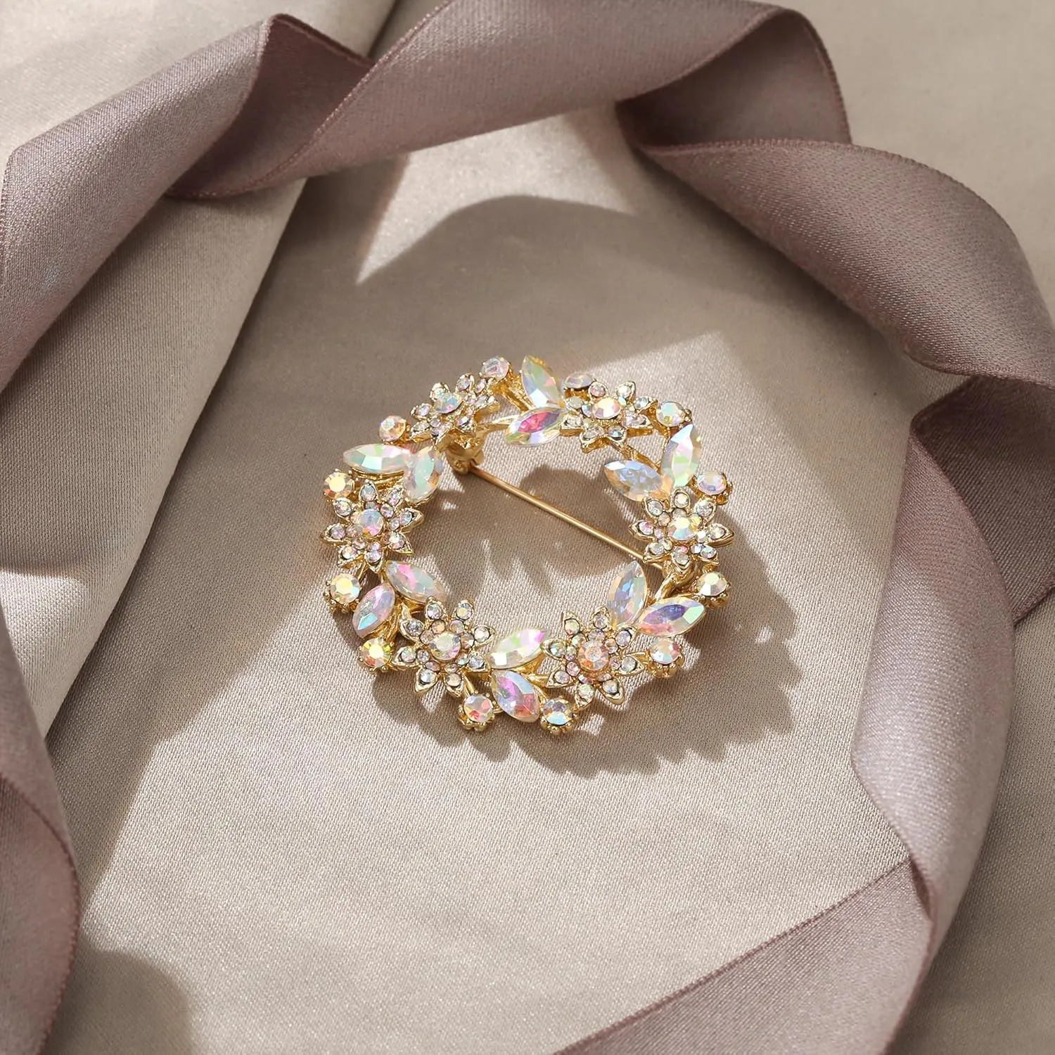 EVER FAITH Sparkly Rhinestone Crystal Flower Wreath Brooches Pin, Vintage Garland Brooch for Women