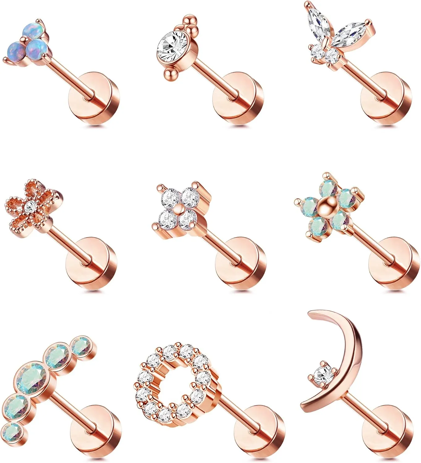 Florideco 9Pcs 16G Cartilage Stud Earring for Women 316L Stainless Steel Screw Flat Back Earrings Butterfly Moon Flower Crawler Helix Tragus Daith Piercing Earrings Cute CZ Opal Cartilage Piercing Jewelry