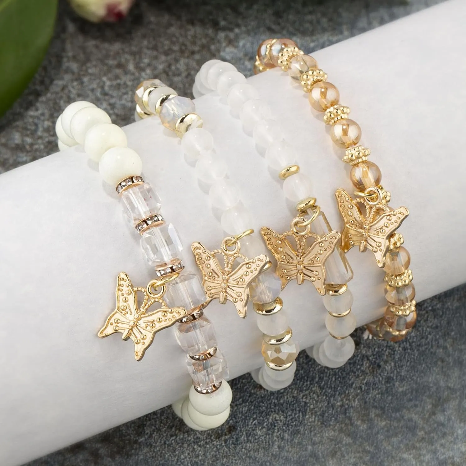 Handmade 4pcs Colorful Butterfly Pendant Stackable Stretch Crystal Stone Beaded Adjustable Bracelet Set Boho Bohemian Summer Beach Sweet Jewelry for Women