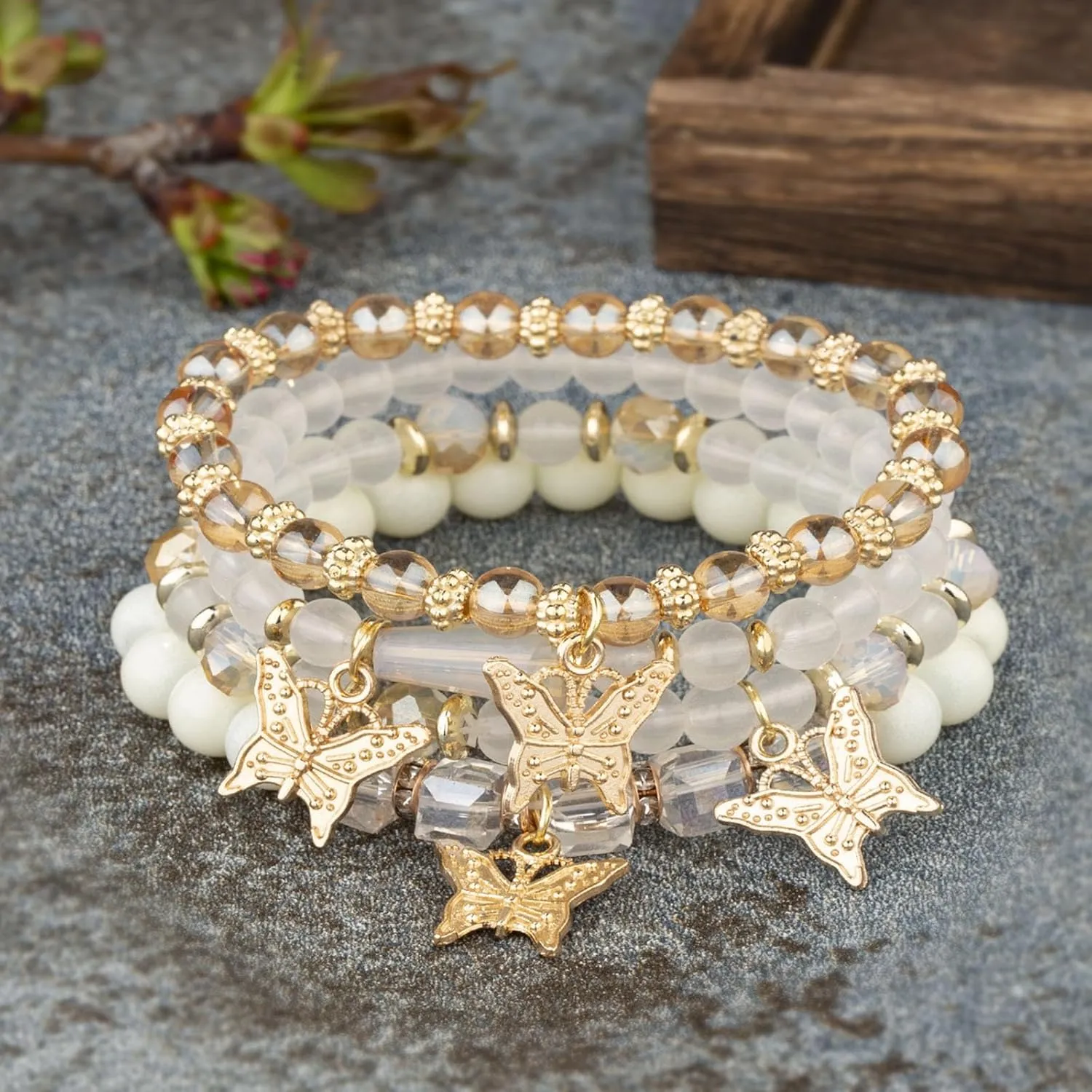 Handmade 4pcs Colorful Butterfly Pendant Stackable Stretch Crystal Stone Beaded Adjustable Bracelet Set Boho Bohemian Summer Beach Sweet Jewelry for Women