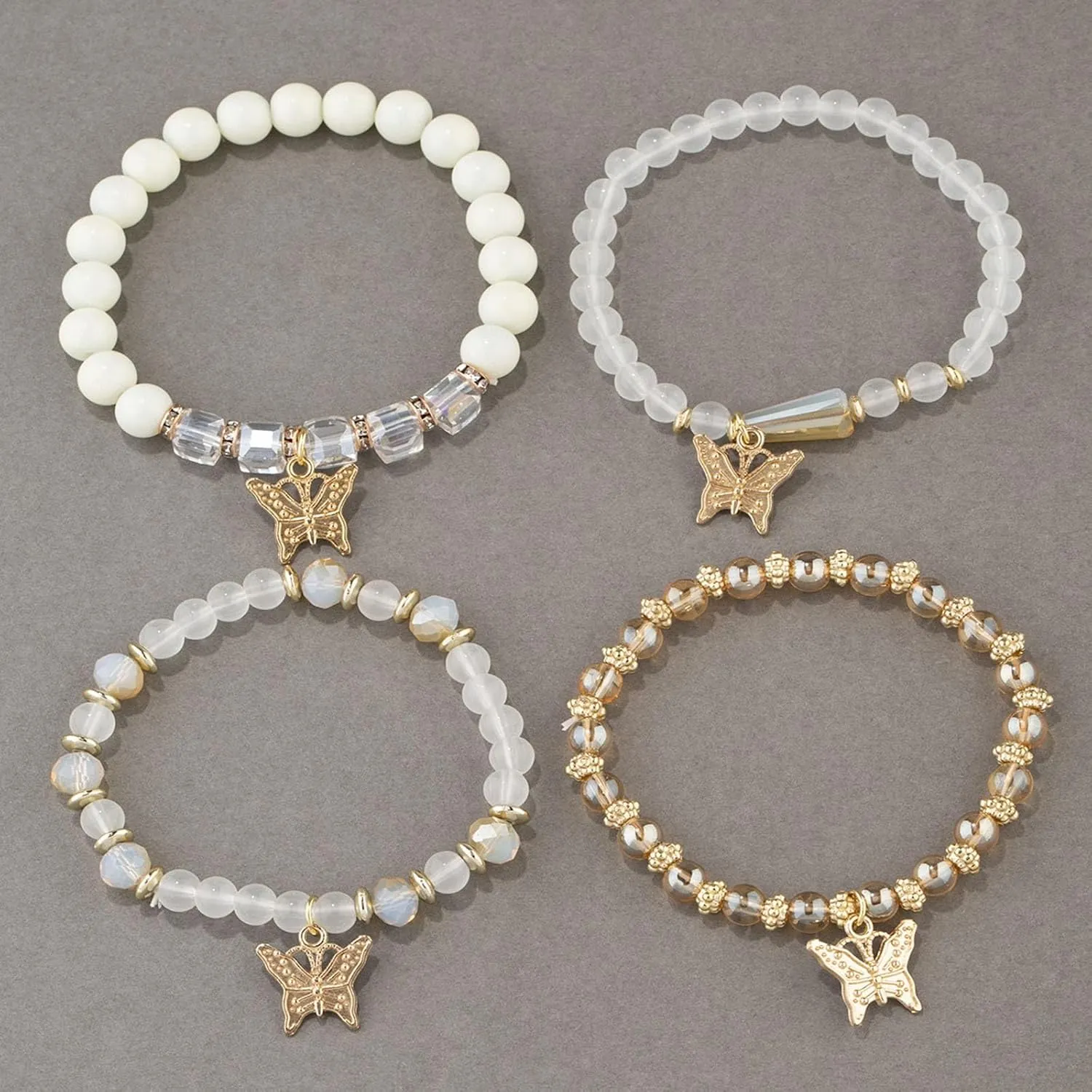 Handmade 4pcs Colorful Butterfly Pendant Stackable Stretch Crystal Stone Beaded Adjustable Bracelet Set Boho Bohemian Summer Beach Sweet Jewelry for Women