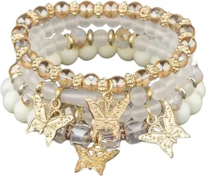 Handmade 4pcs Colorful Butterfly Pendant Stackable Stretch Crystal Stone Beaded Adjustable Bracelet Set Boho Bohemian Summer Beach Sweet Jewelry for Women