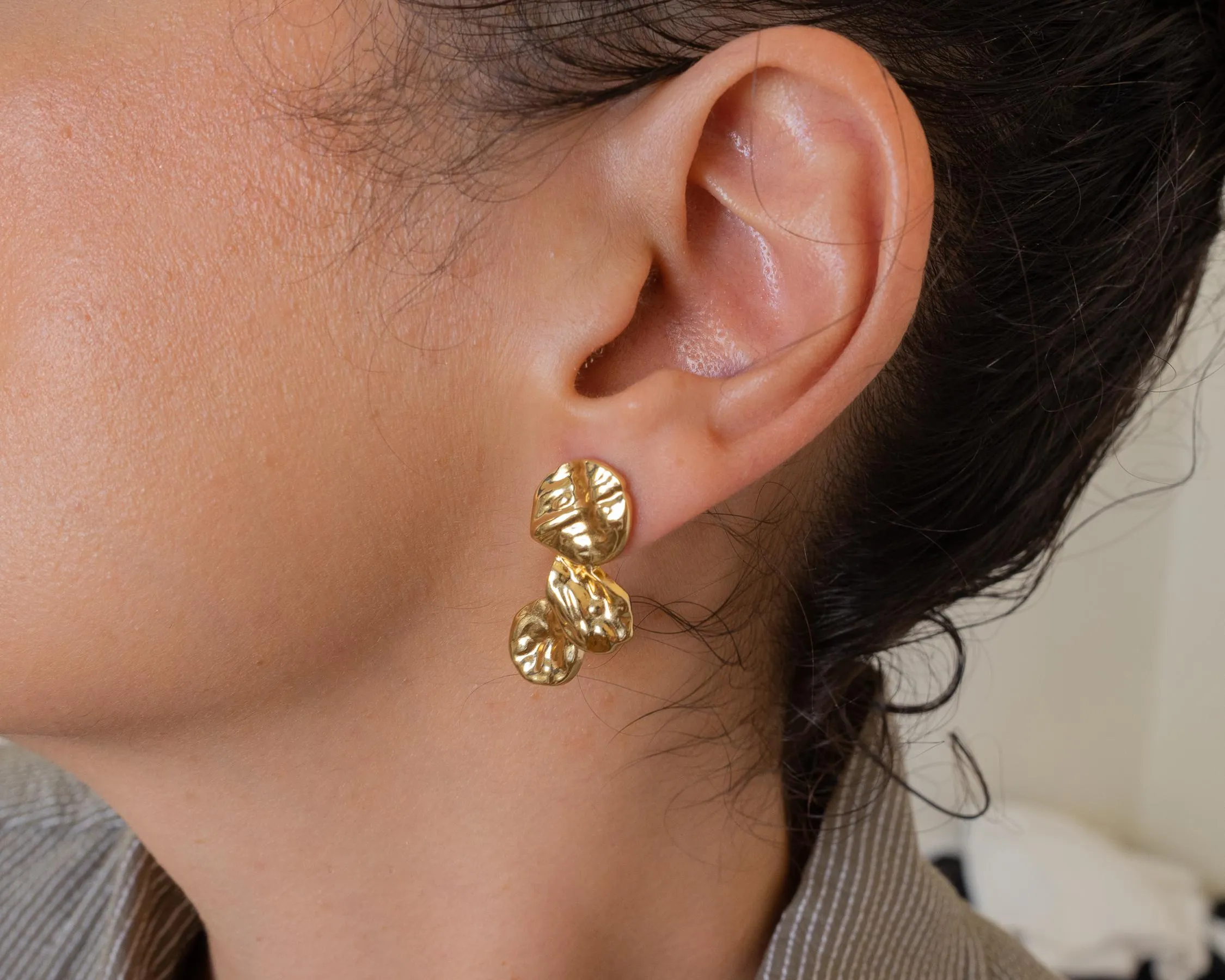 Long Gold Wavy Stud Earrings