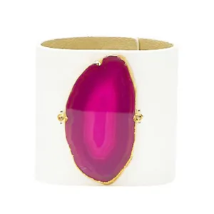 LOVED CUFF - MOONSTONE WHITE LEATHER WITH PINK AGATE  S.1.03.005.1102