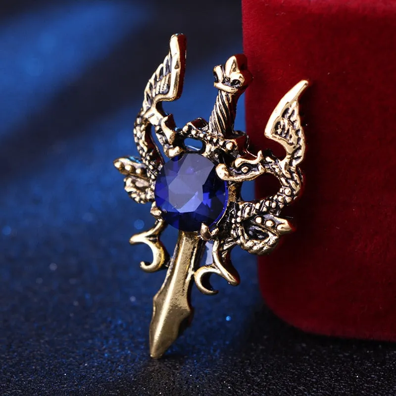 New Vintage Metal Dragon Sword Brooch Pin Animal Rhinestone Lapel Pins Men