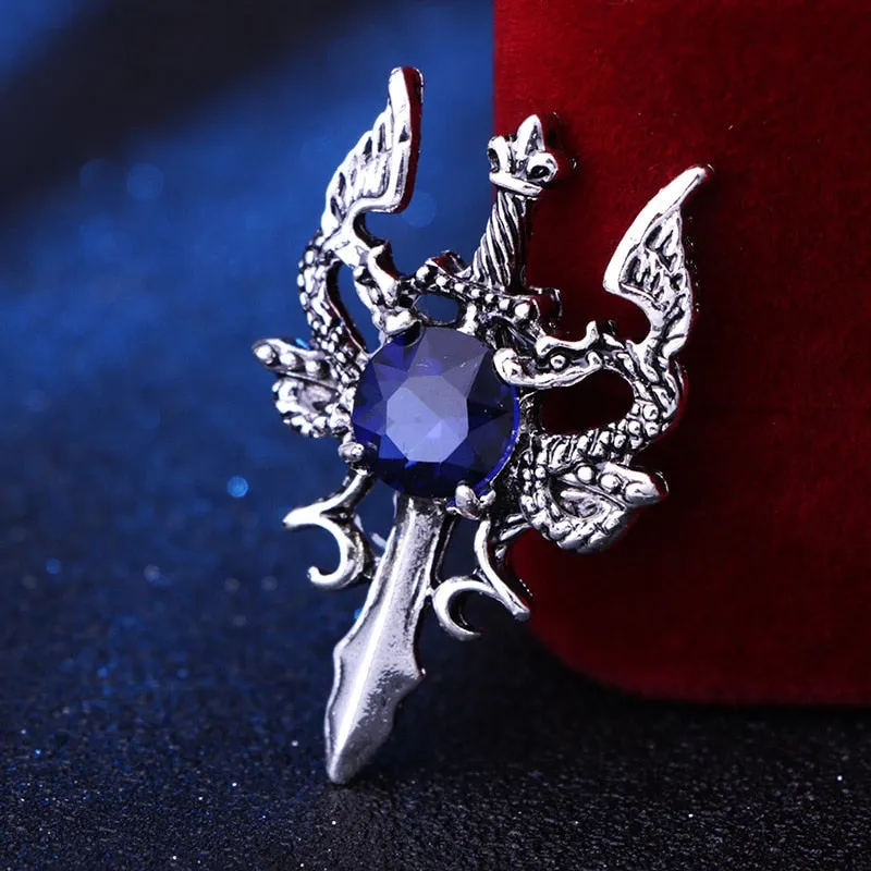 New Vintage Metal Dragon Sword Brooch Pin Animal Rhinestone Lapel Pins Men