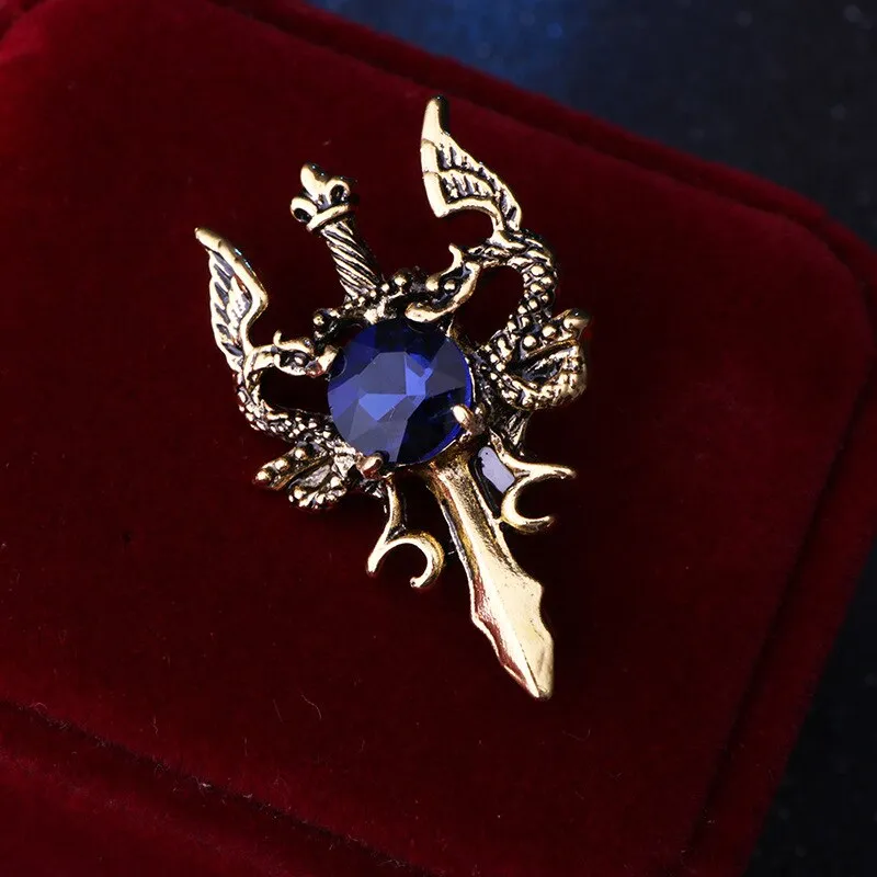 New Vintage Metal Dragon Sword Brooch Pin Animal Rhinestone Lapel Pins Men