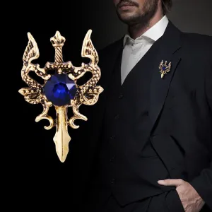 New Vintage Metal Dragon Sword Brooch Pin Animal Rhinestone Lapel Pins Men