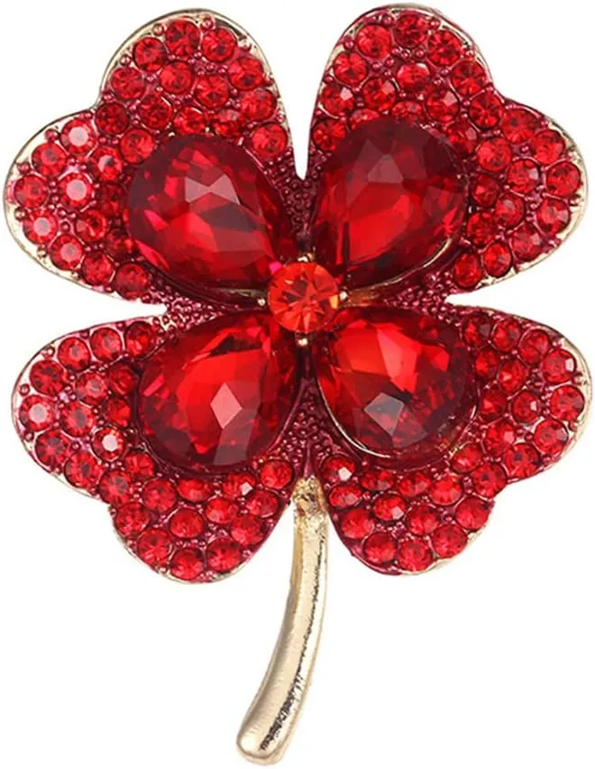 Rhinestone Red Clover Leaf Brooch Pin for Women Girls Unisex Fashion Crystal Hearted Flower Brooches Lapel Pins Lucky Dress Accessories Valentine Mother's Jewelry Gift