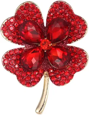 Rhinestone Red Clover Leaf Brooch Pin for Women Girls Unisex Fashion Crystal Hearted Flower Brooches Lapel Pins Lucky Dress Accessories Valentine Mother's Jewelry Gift