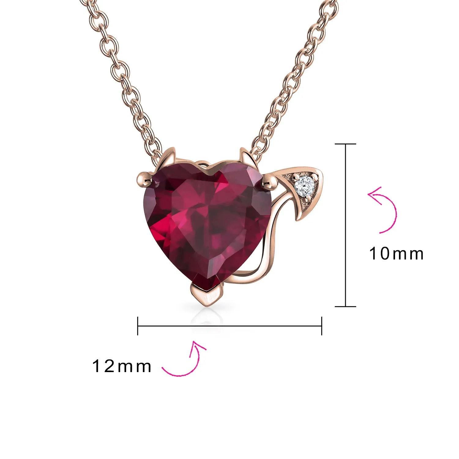 Romantic Ruby Red Devil Heart Pendant Necklace in Rose Gold Plated Silver