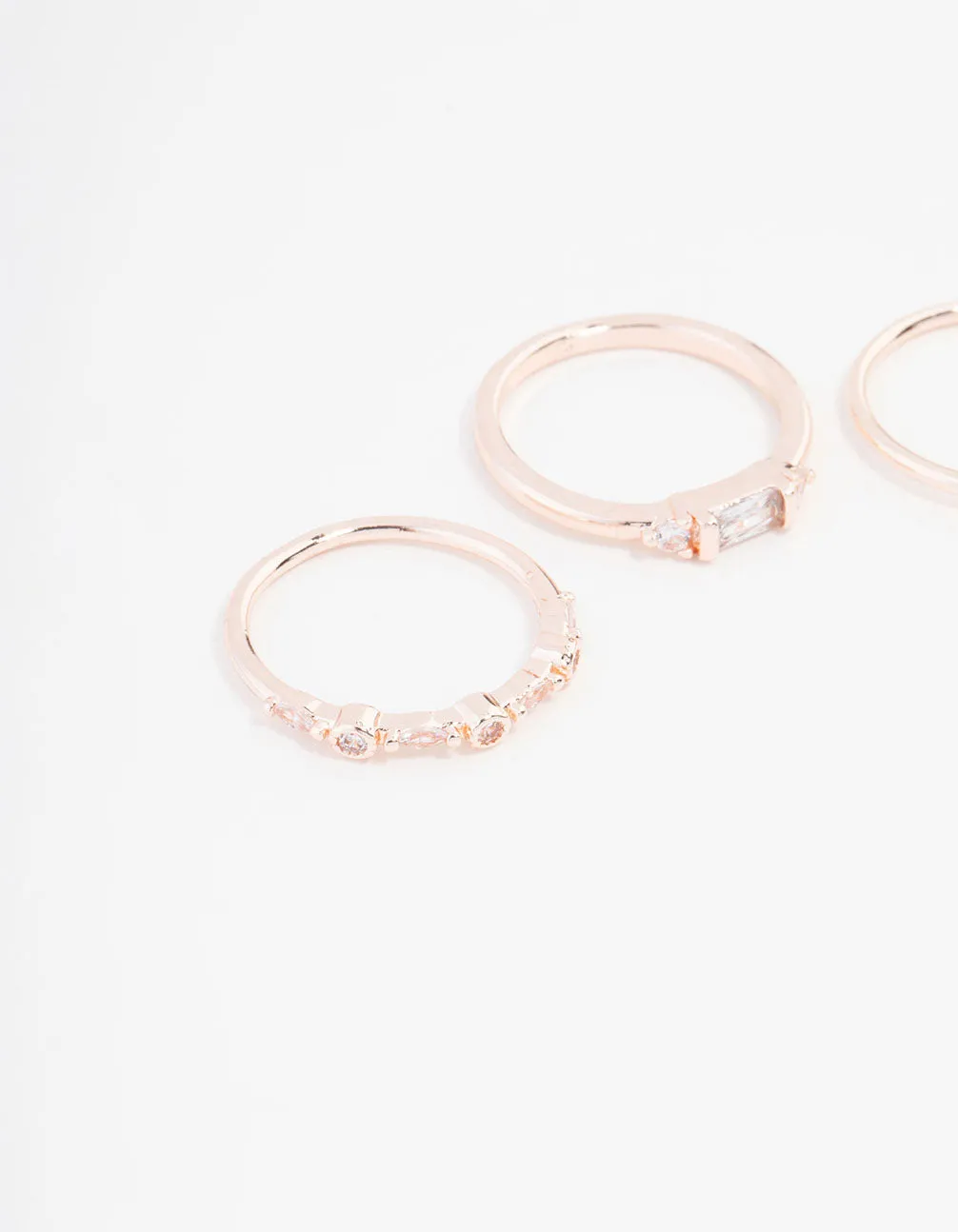 Rose Gold Plated Baguette & Mini Round Cubic Zirconia Ring 3-Pack