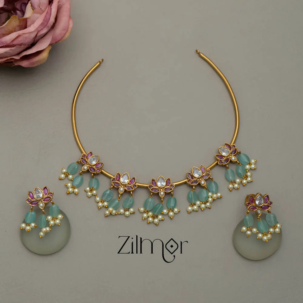 SC100933 Simple Pipe necklace with  lotus pendants And matching Earrings