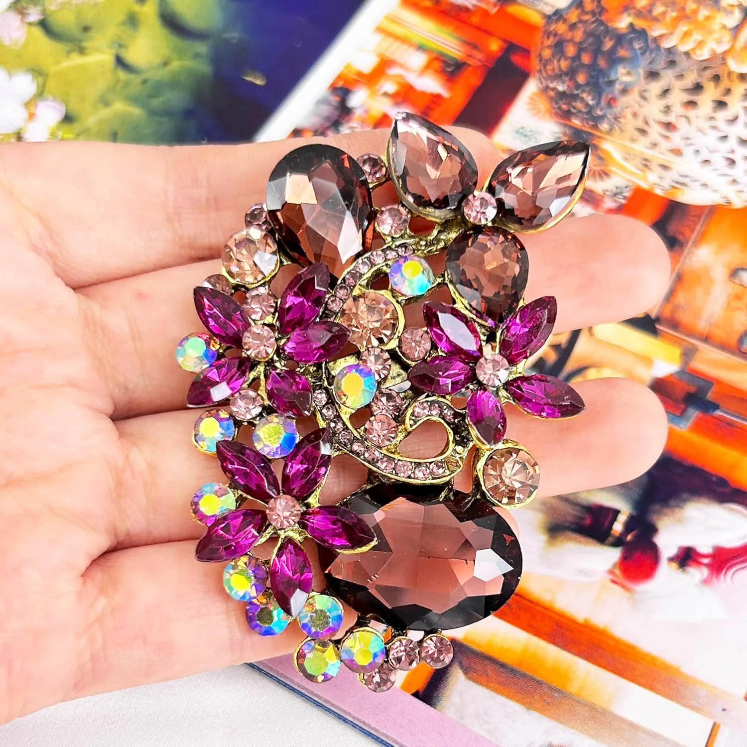 SELOVO Rhinestone Flower Statement Broach Brooch Pin Vintage Gold Tone