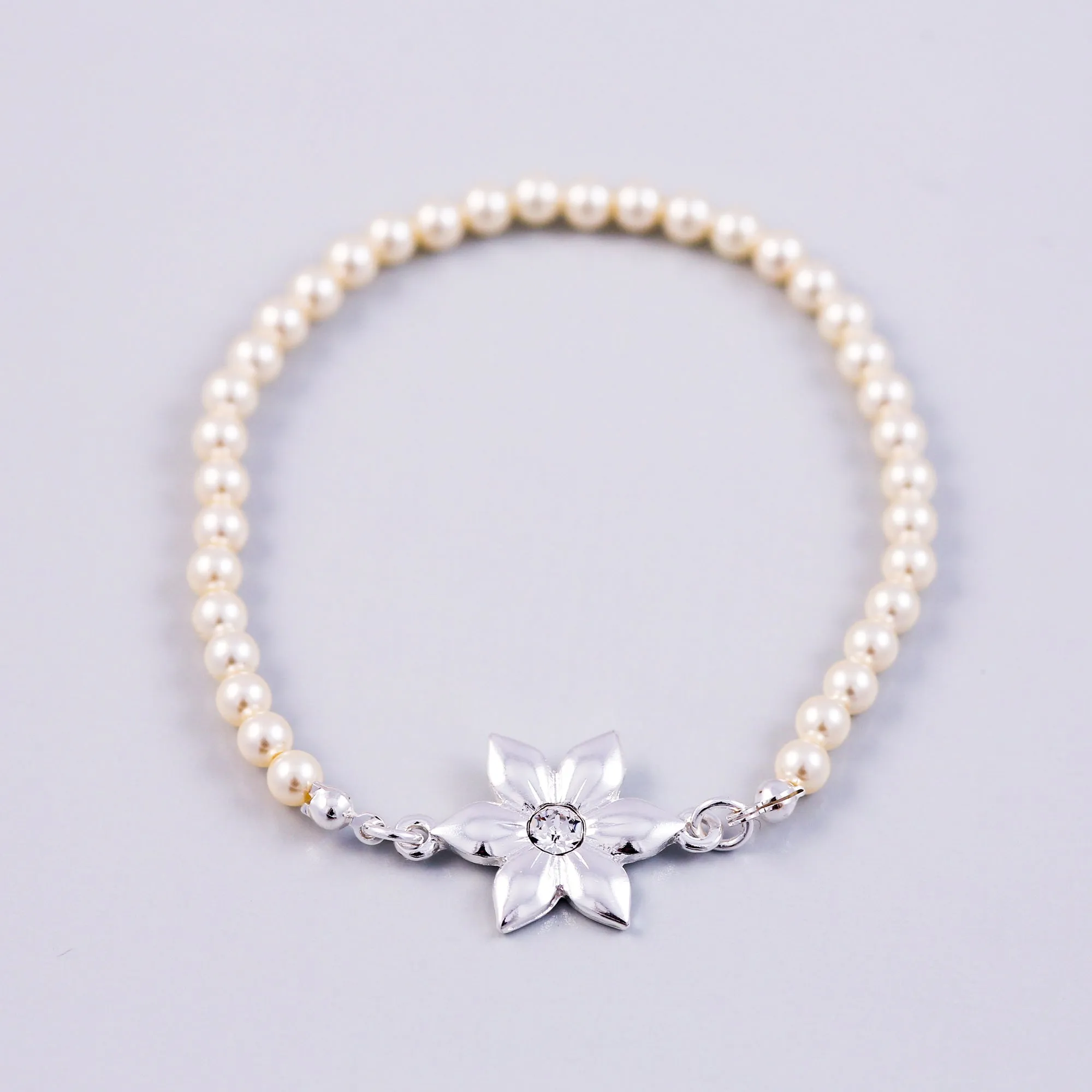 Silver Flower & Cream Pearl Bridal Bracelet