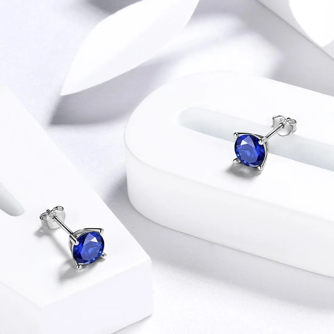 Tokyo Mart Round Birthstone September Sapphire Earrings Stud Women Girls Jewelry Birthday Gift Sterling Silver