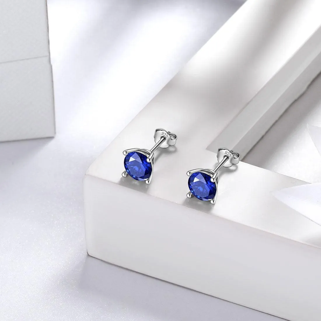 Tokyo Mart Round Birthstone September Sapphire Earrings Stud Women Girls Jewelry Birthday Gift Sterling Silver