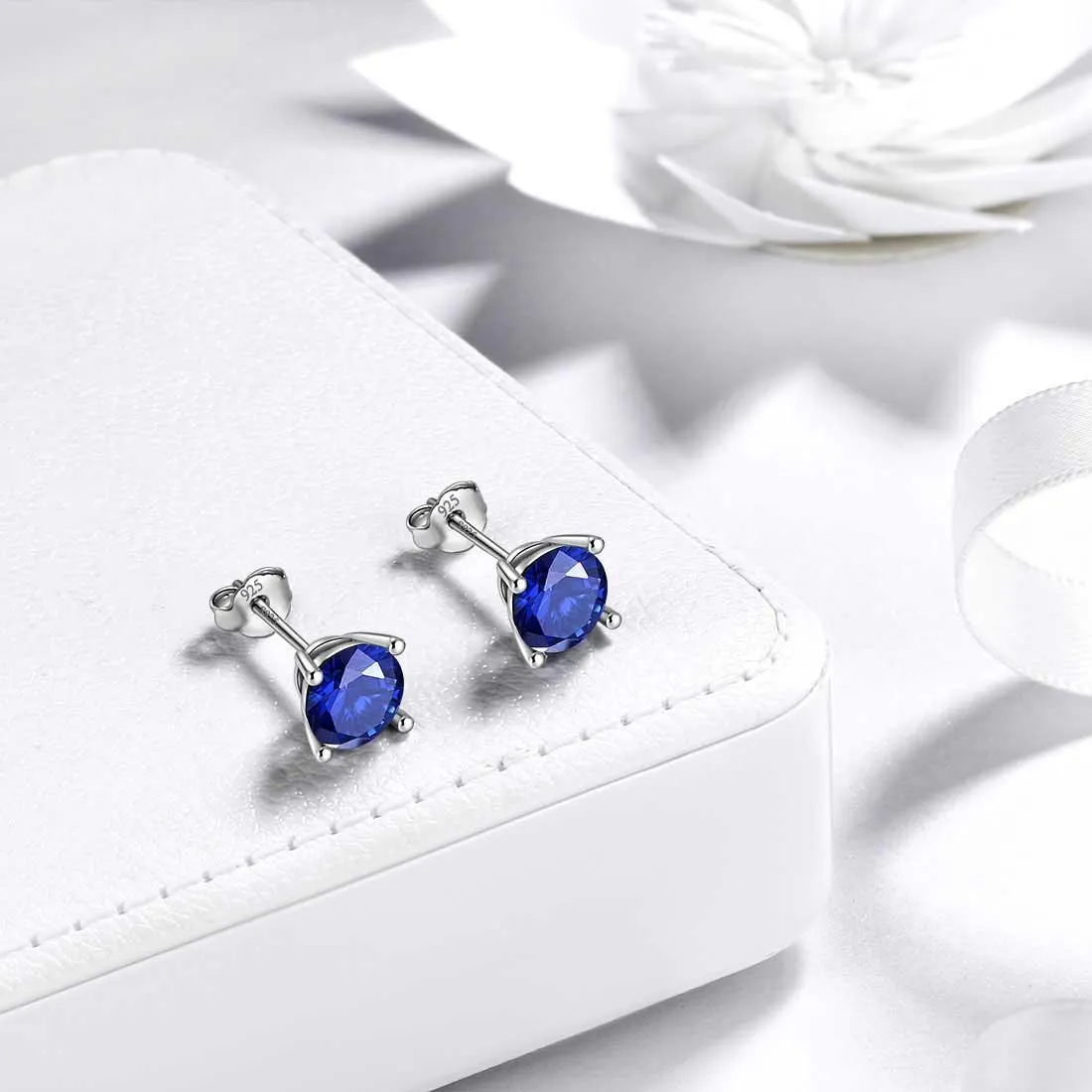 Tokyo Mart Round Birthstone September Sapphire Earrings Stud Women Girls Jewelry Birthday Gift Sterling Silver