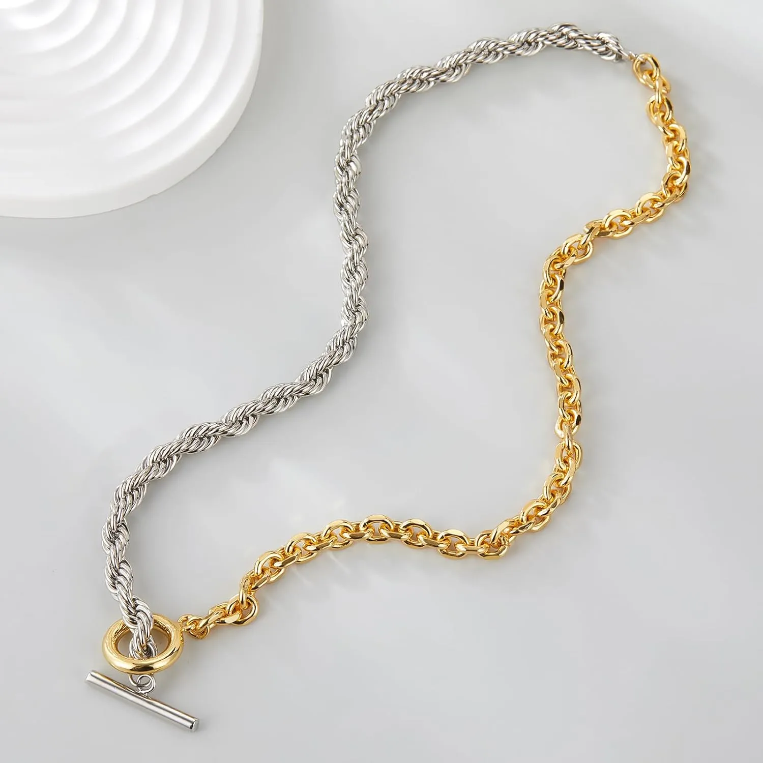 Trendy Two Tone Chain Necklace for Women, Mixed Metal Link Necklaces Designer Dupes Jewelry Gifts for Her