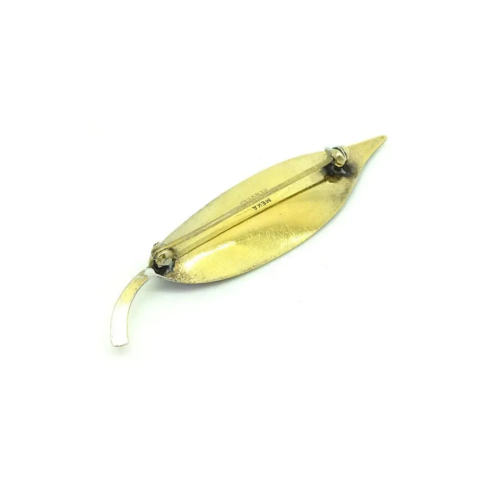Vintage 1950s Danish Meka Silver Gilt Blue Enamel Leaf Brooch Pin