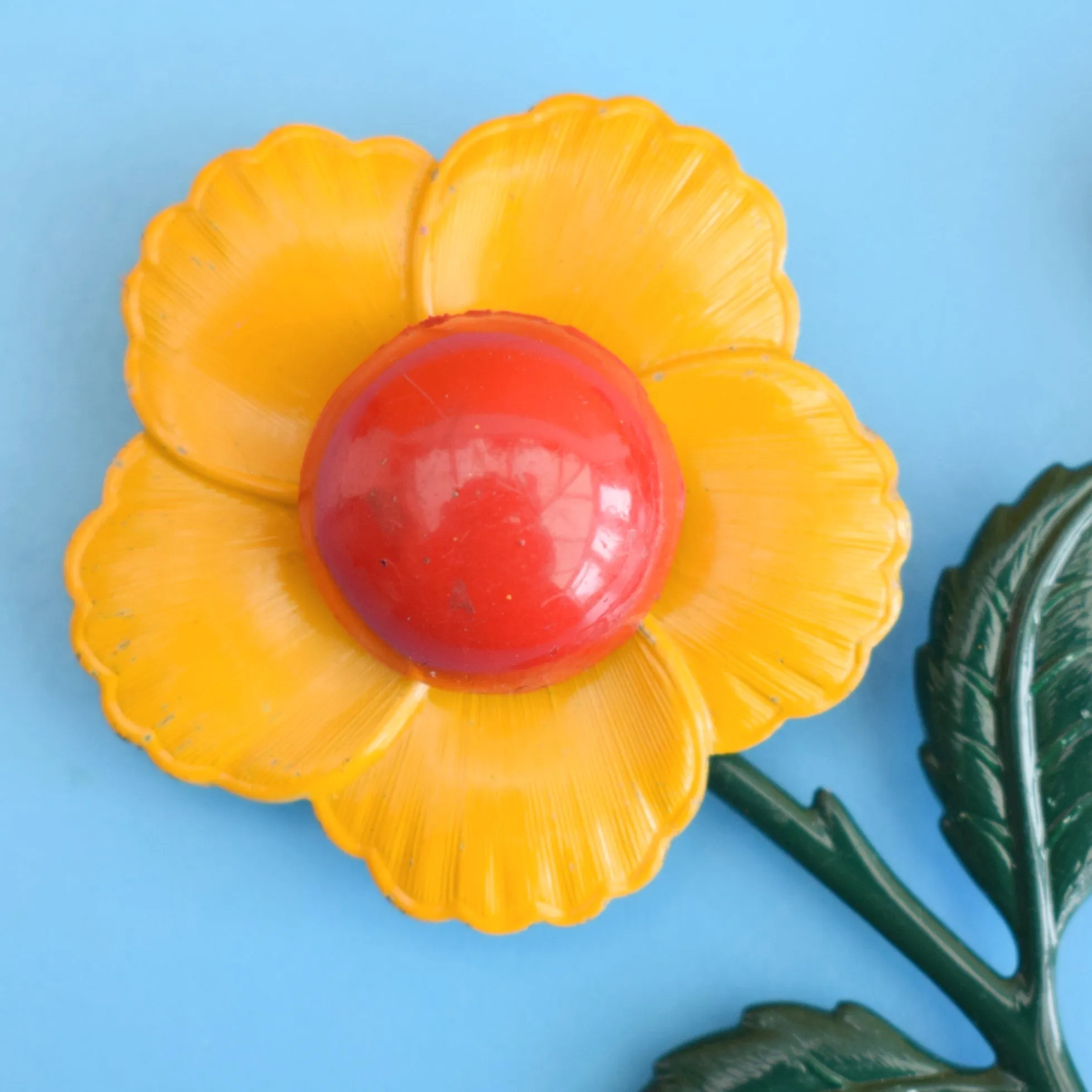 Vintage 1970s Enamel Brooch Flower- Yellow